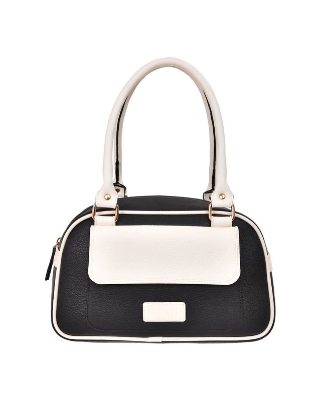 Two Tone Flap Top Handle Handbag in Black/White - front view