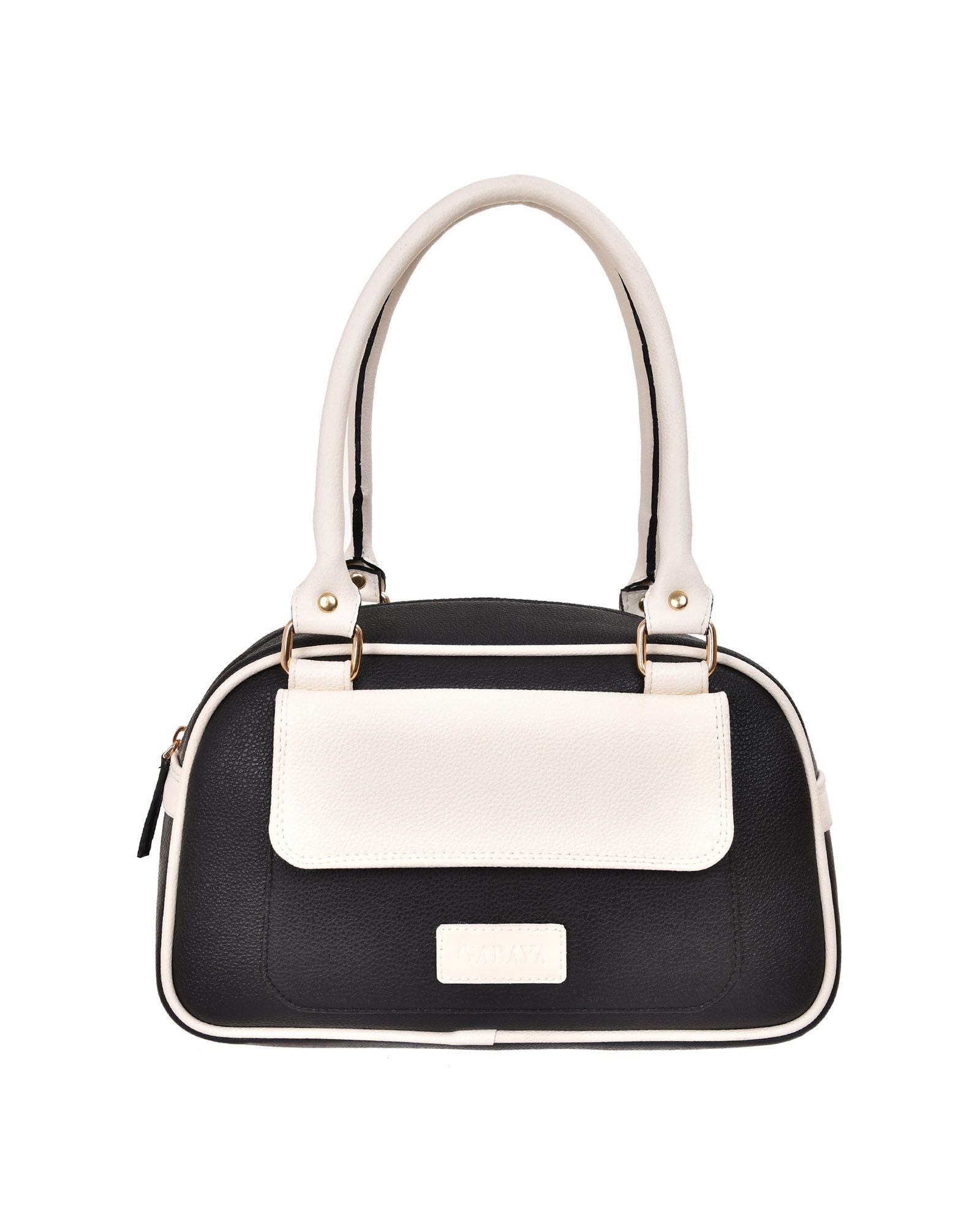 Two Tone Flap Top Handle Handbag in Black/White - front view