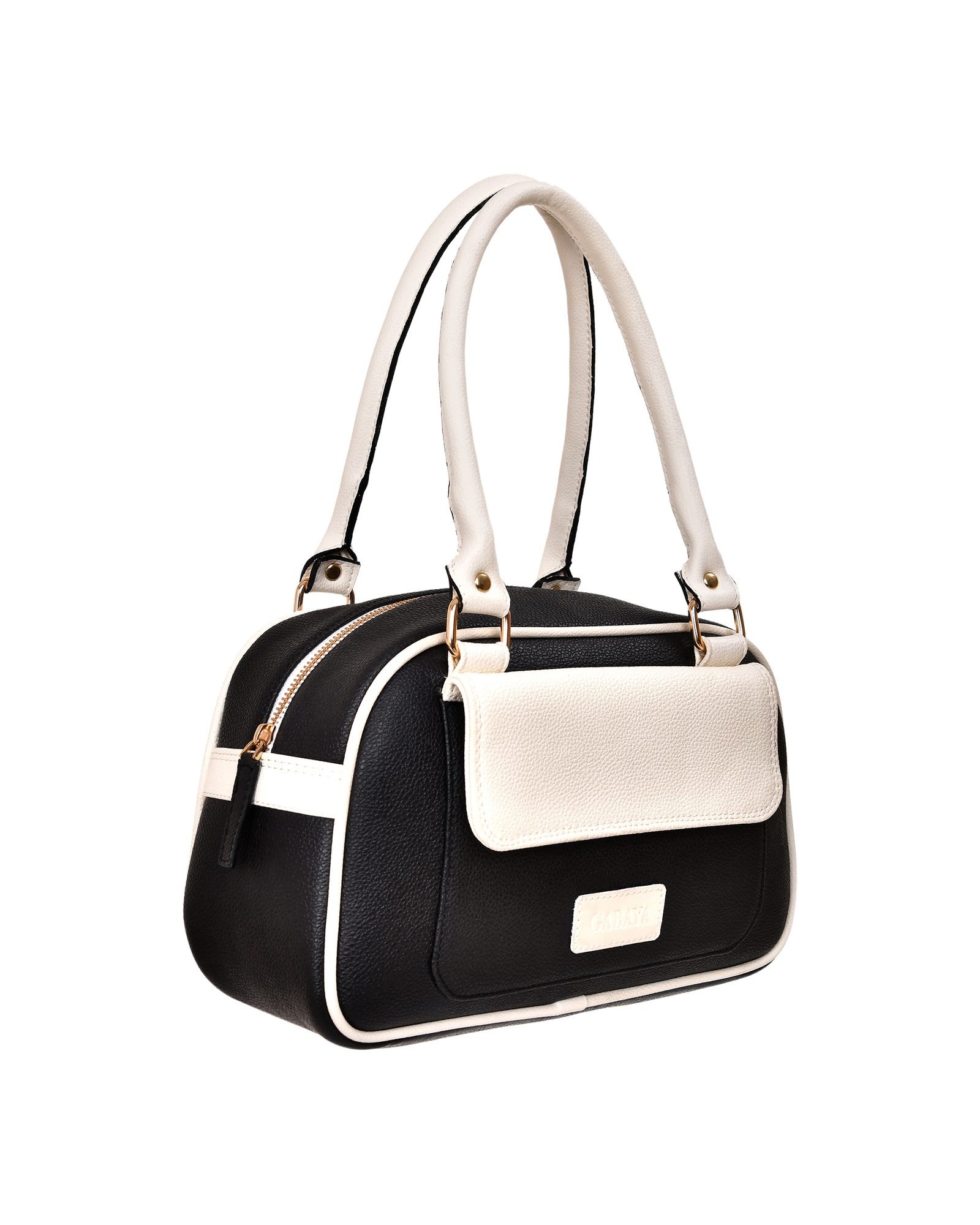 Two Tone Flap Top Handle Handbag in Black/White - side view