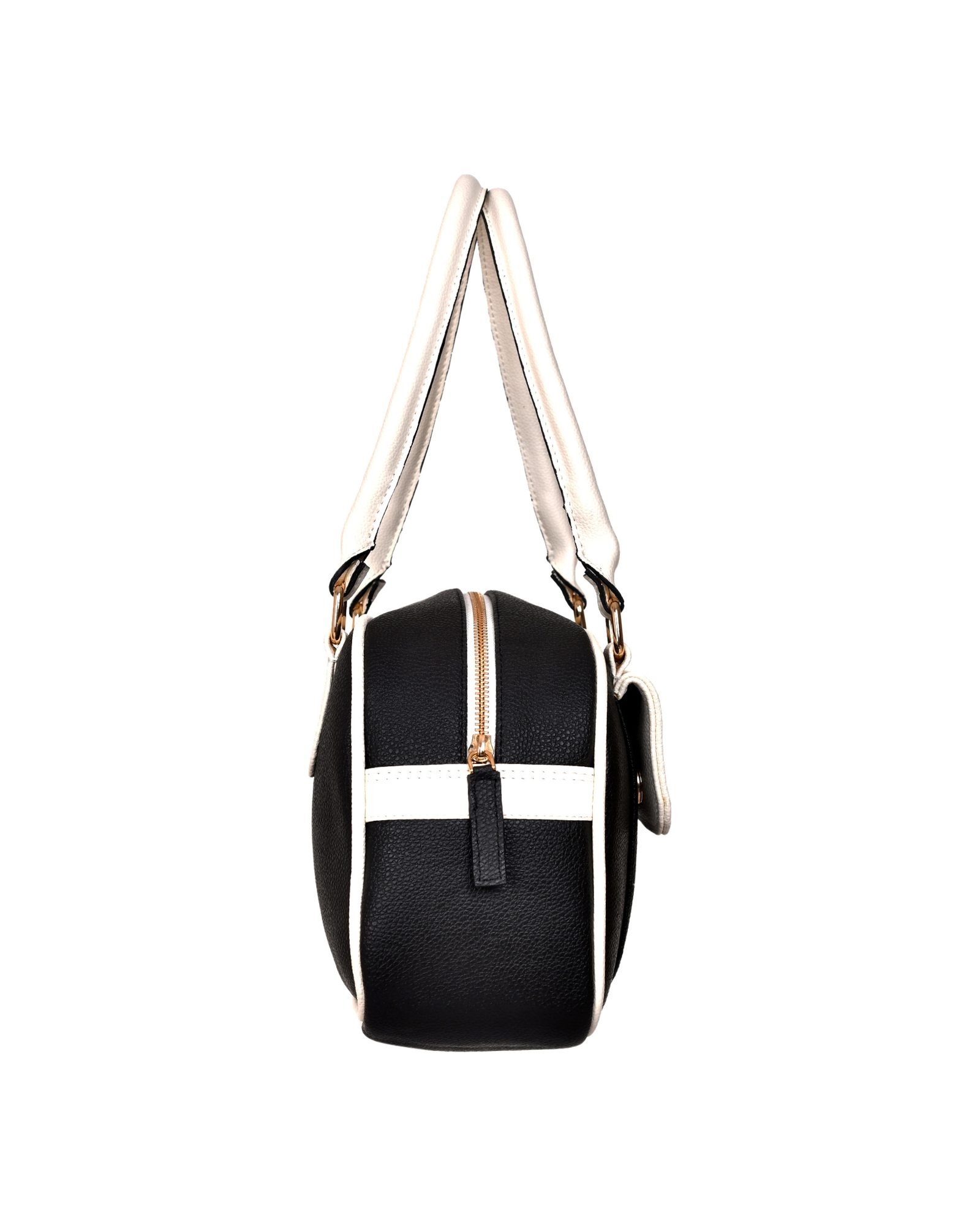 Two Tone Flap Top Handle Handbag in Black/White - detail view