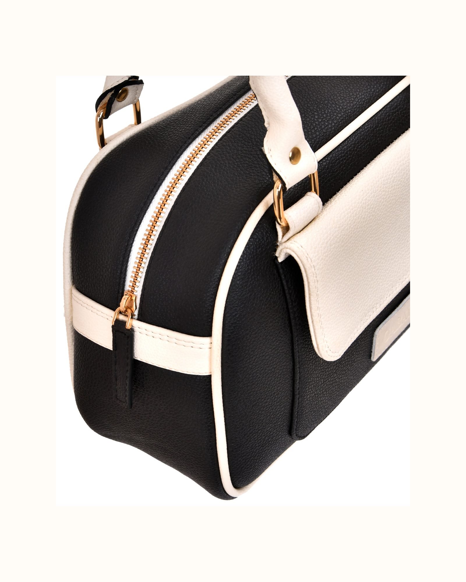 Two Tone Flap Top Handle Handbag in Black/White - hardware detail
