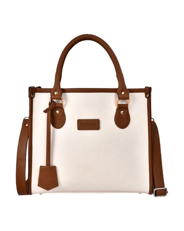 Contrast Trim Structured Tote Handbag in Cream/Brown - front view