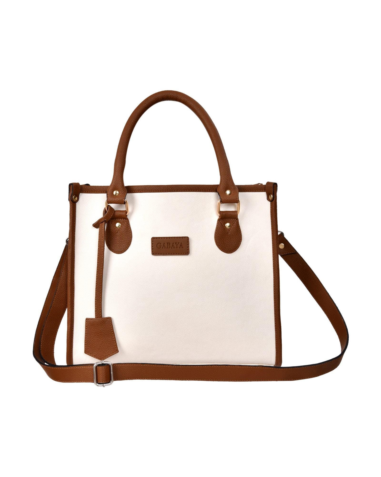 Contrast Trim Structured Tote Handbag in Cream/Brown - three-quarter view