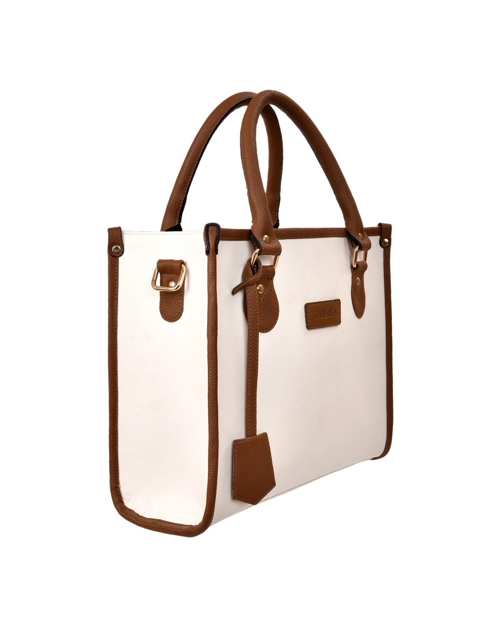 Contrast Trim Structured Tote Handbag in Cream/Brown - side view
