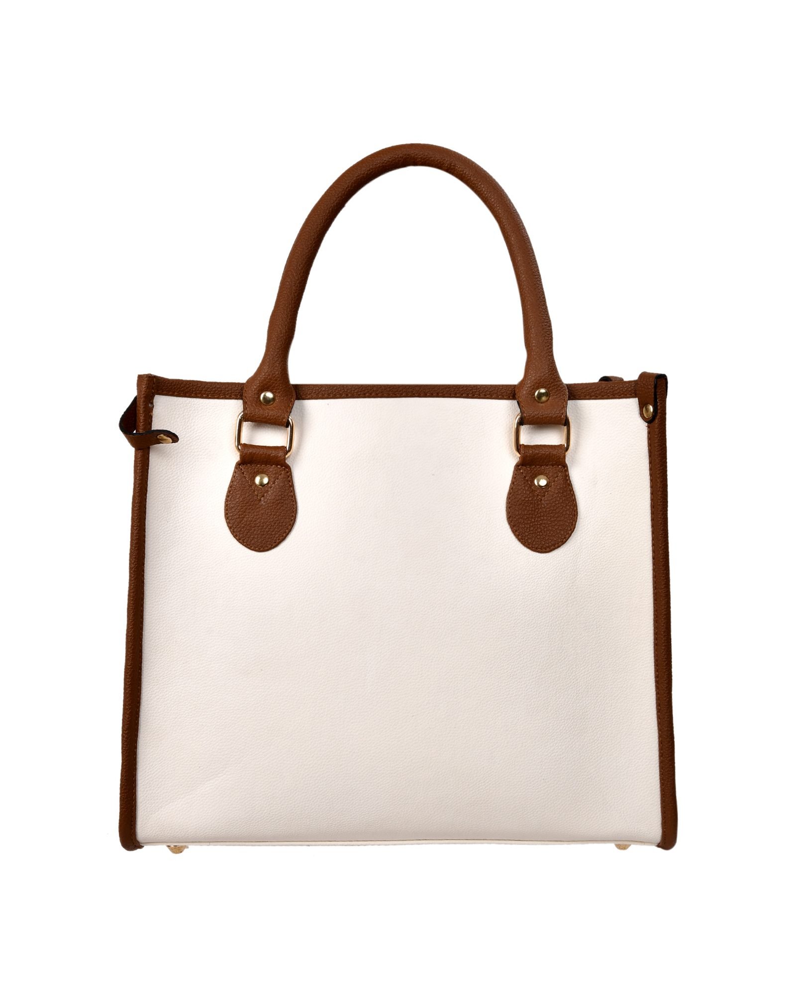 Contrast Trim Structured Tote Handbag in Cream/Brown - hardware detail