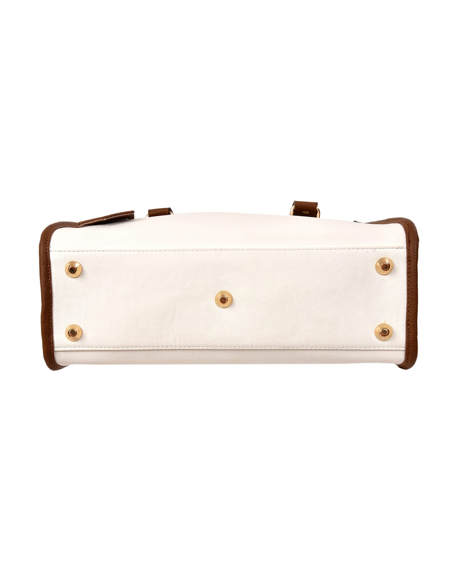 Contrast Trim Structured Tote Handbag in Cream/Brown - underside