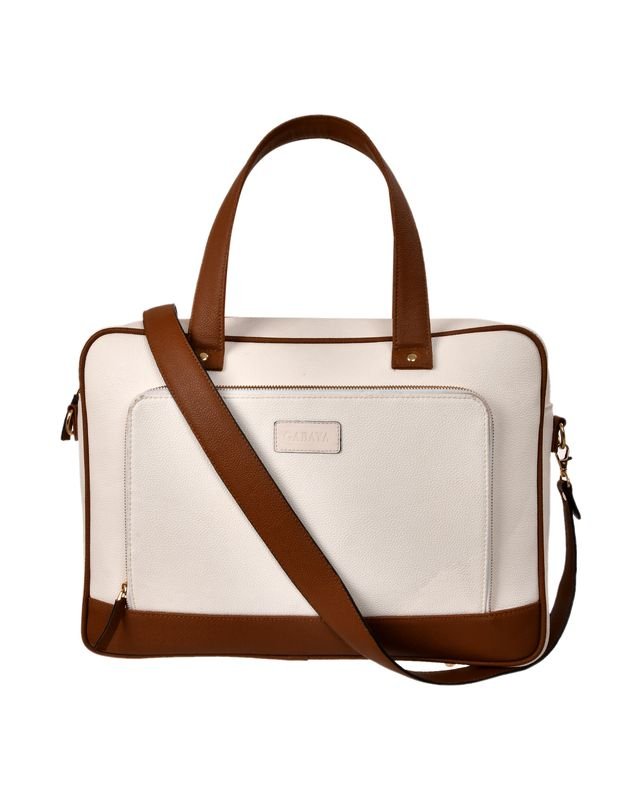 Briefcase Style Laptop Shoulder Bag in Cream/Brown - front view