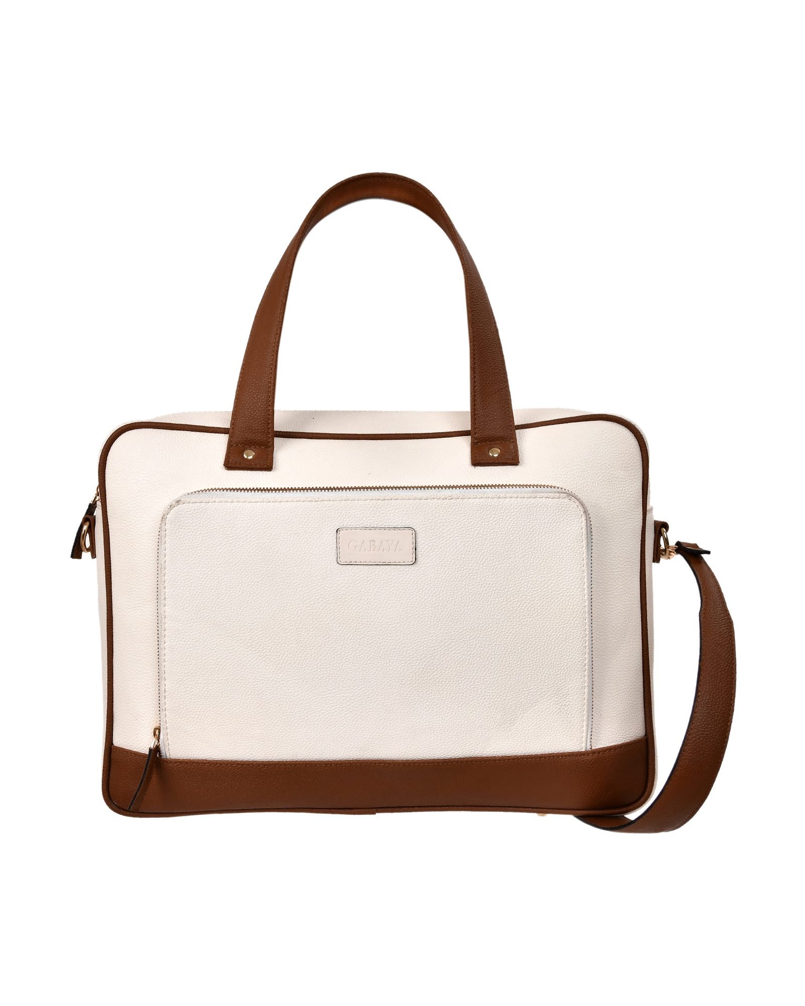 Briefcase Style Laptop Shoulder Bag in Cream/Brown - three-quarter view