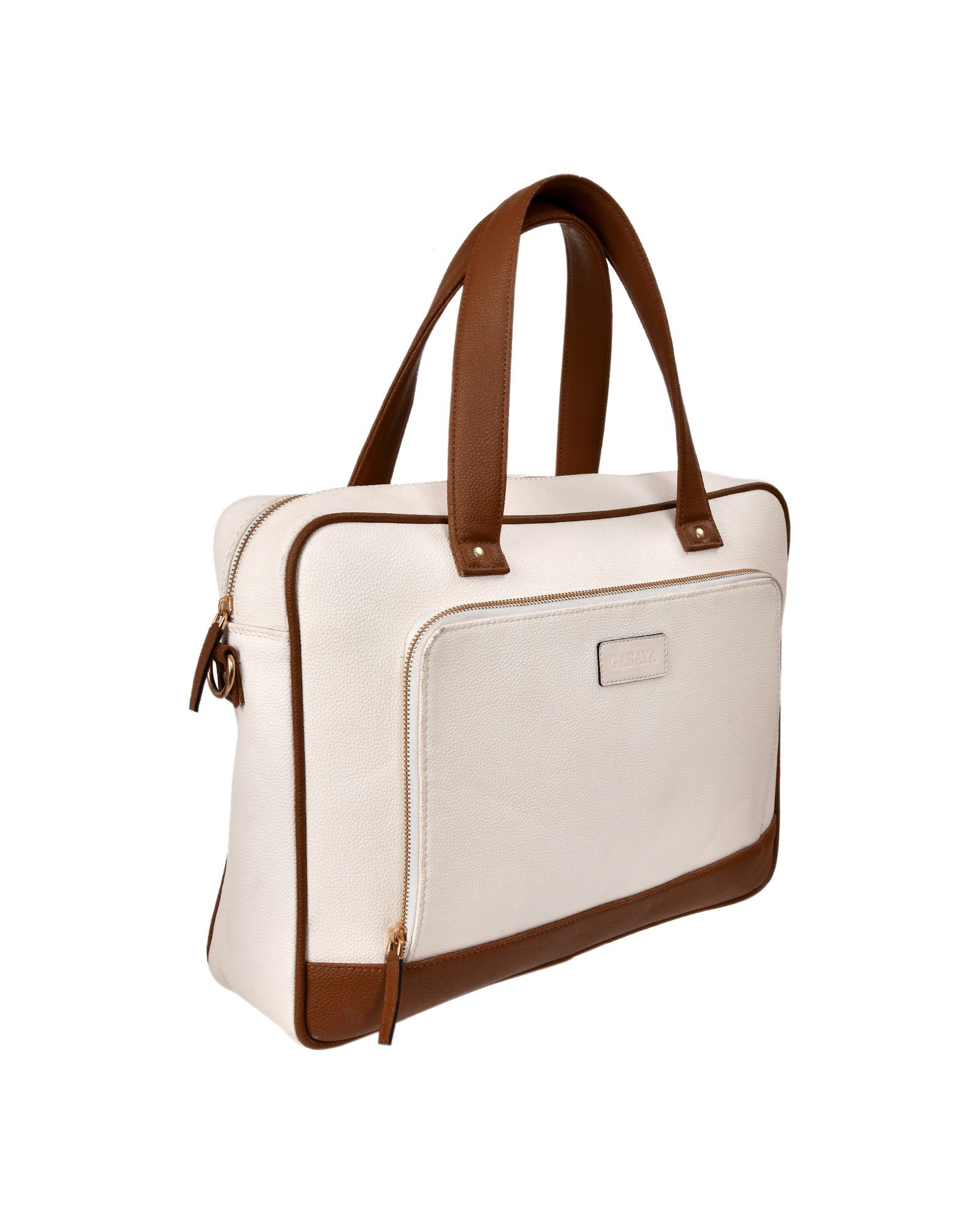 Briefcase Style Laptop Shoulder Bag in Cream/Brown - side view