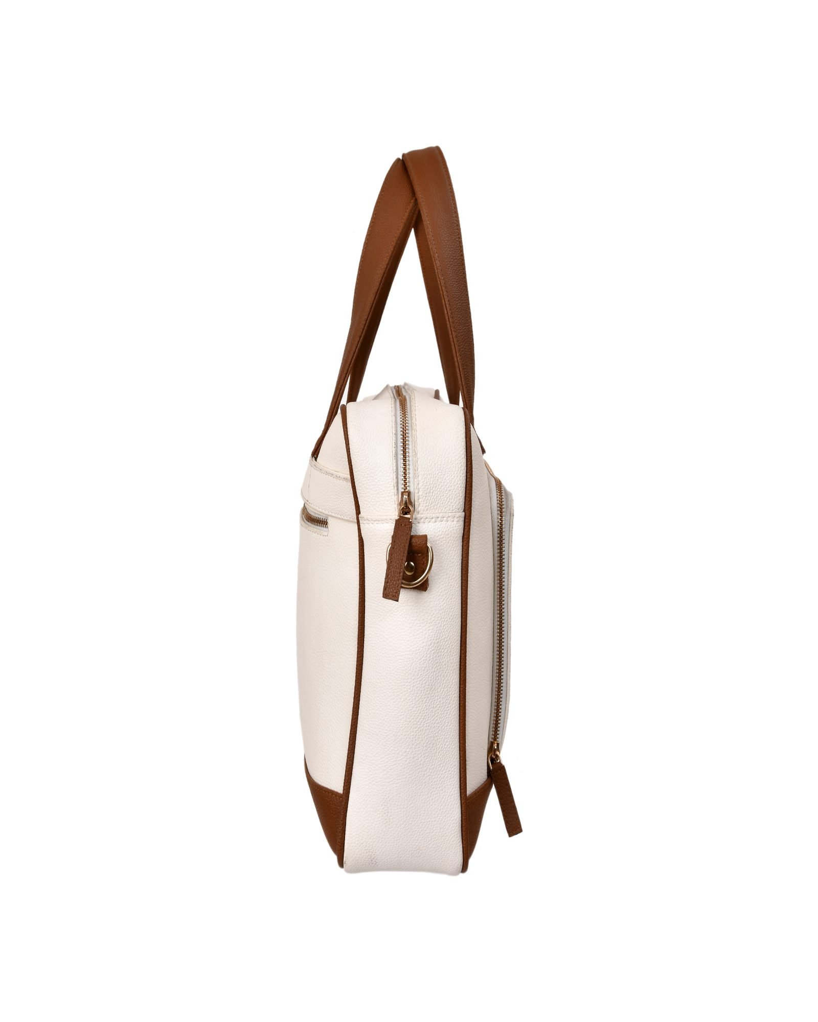 Briefcase Style Laptop Shoulder Bag in Cream/Brown - detail view