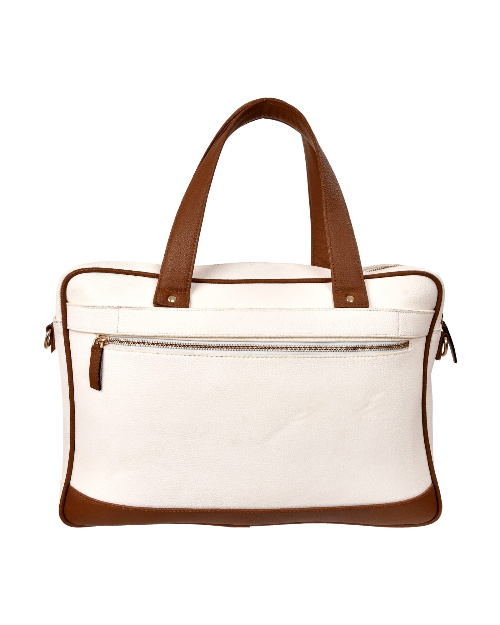 Briefcase Style Laptop Shoulder Bag in Cream/Brown - hardware detail