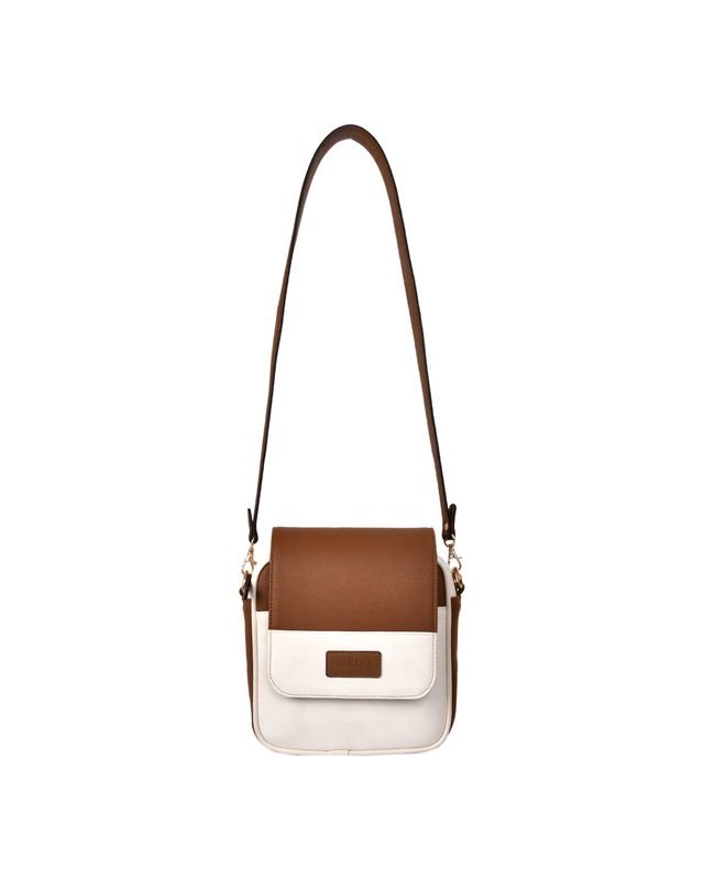 Two Tone Flap Sling Bag in White/Brown - front view