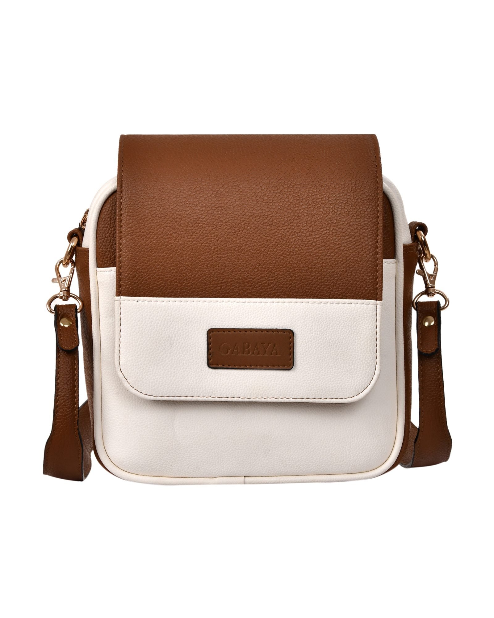 Two Tone Flap Sling Bag in White/Brown - three-quarter view