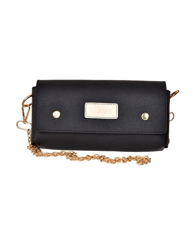 Chain Strap Fold Over Clutch Bag in Black - front view